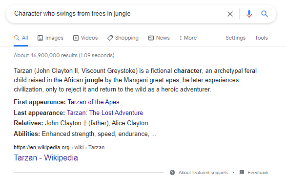 Google SERP for Tarzan-related query